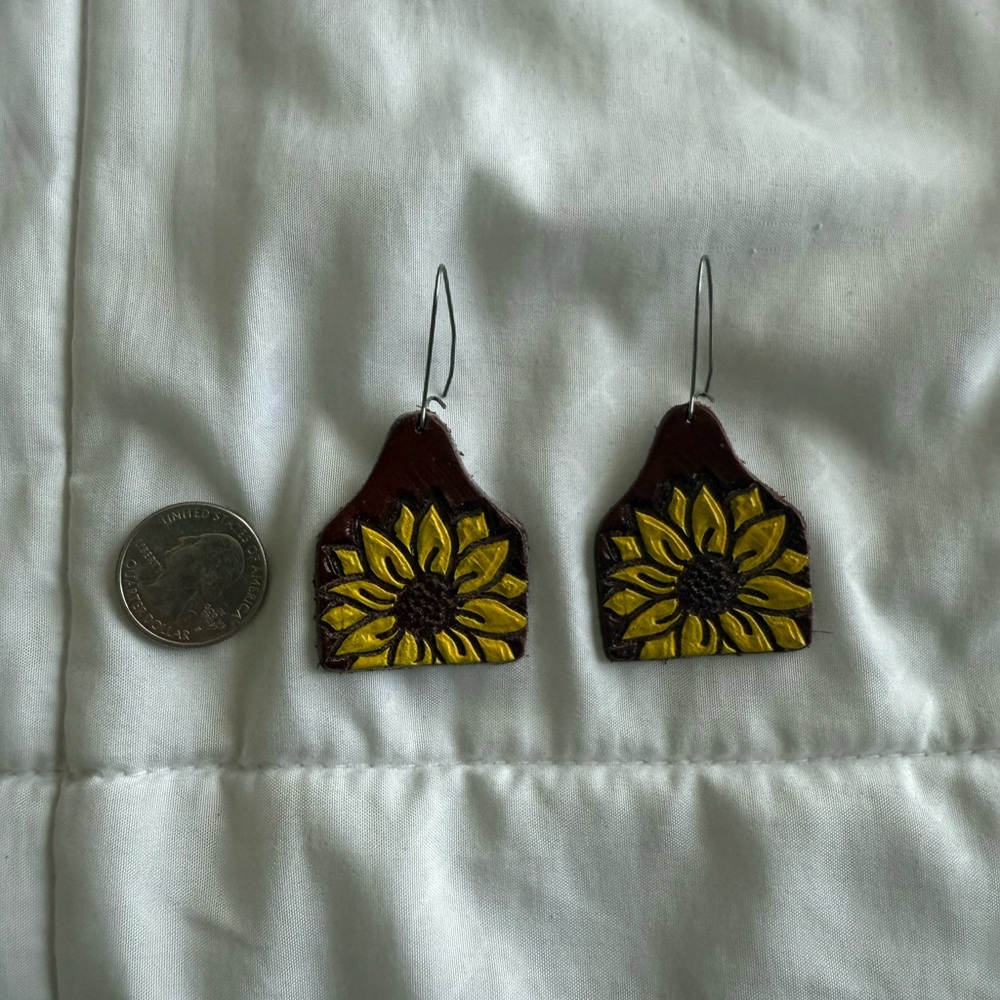 Handpainted Sunflower Dangle Earrings - Yellow on Brown